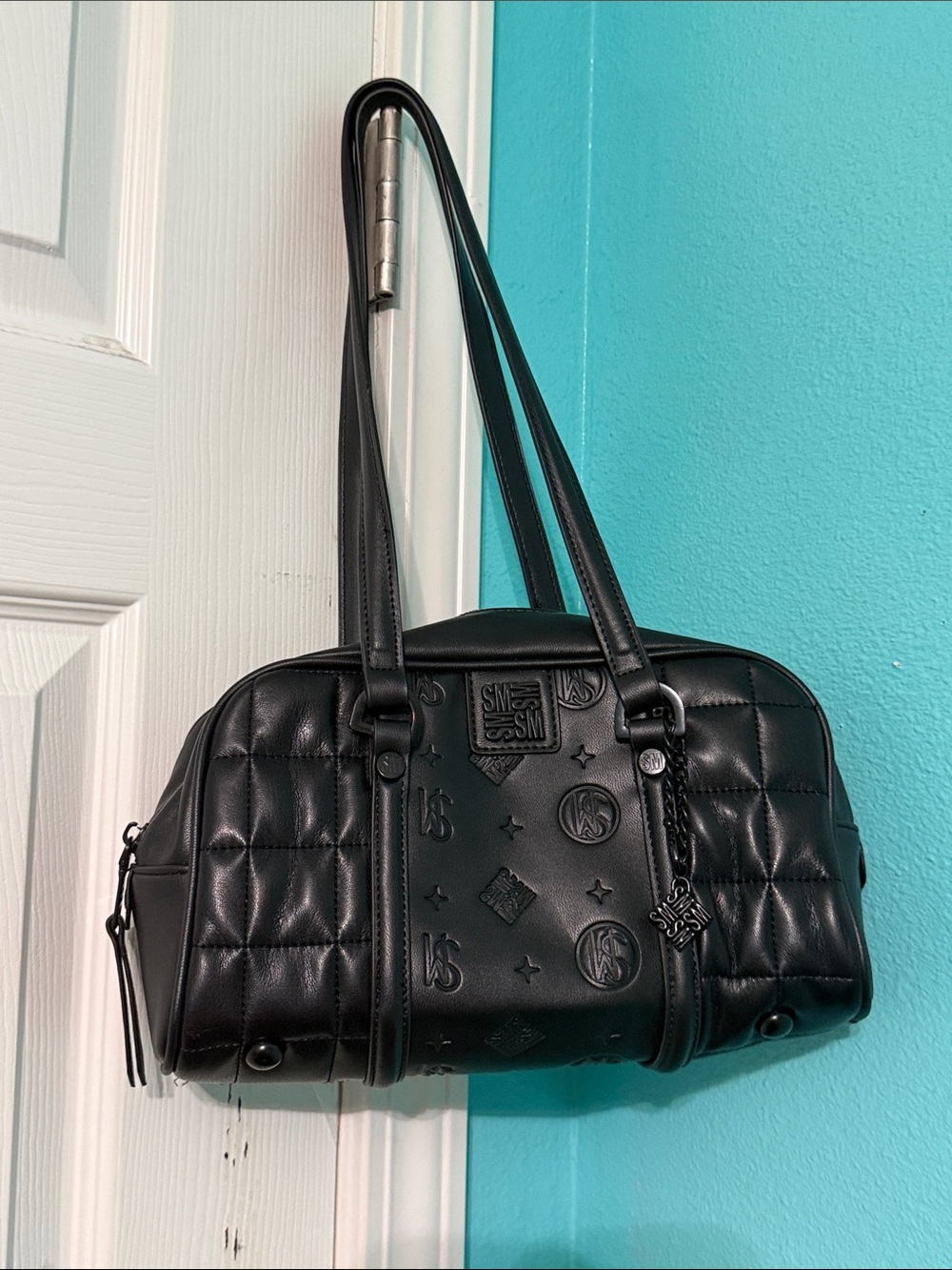 Steve Madden Black Quilted Shoulder Bag with Embossed Logos